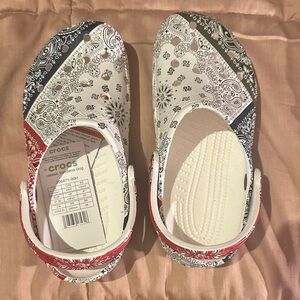 CROCS Bandana Print Clogs in Red, Blue, and White